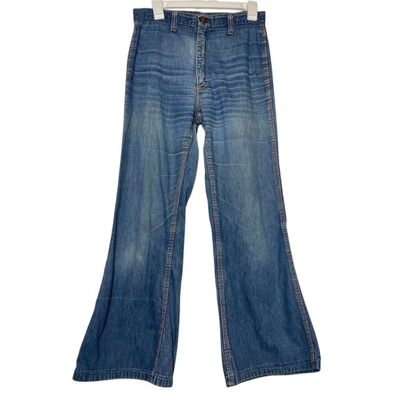 Vintage Red Snap Flare Jeans 1970s High Waist Wide Leg Bell Bottom Jeans Size 6 - Picture 1 of 16